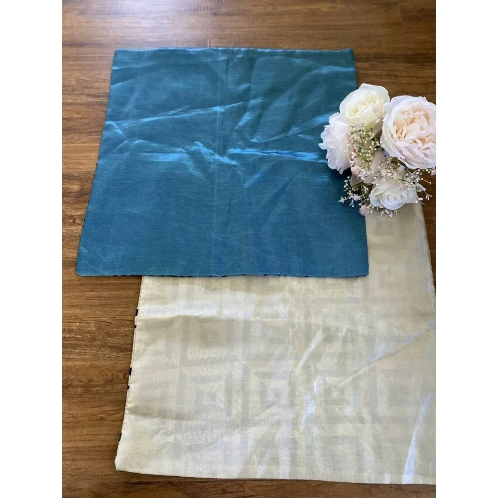 Vintage Set 2 Square Satiny Velvet‎ Detail Pillow Cases Blue Black Beige Zipper